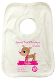 SS10 - Special First Christmas Wishes Cute Reindeer Personalised Baby Bib for Boys and Girls