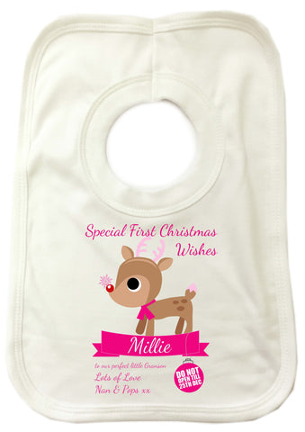 SS10 - Special First Christmas Wishes Cute Reindeer Personalised Baby Bib for Boys and Girls
