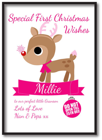 SS10 - Special First Christmas Wishes Cute Reindeer Personalised Print for Boys and Girls.
