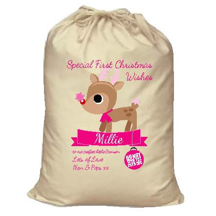 SS10 - Special First Christmas Wishes Cute Reindeer Personalised Santa Sack for Boys and Girls