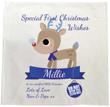 SS10 - Special First Christmas Wishes Cute Reindeer Personalised Tea Towel for Boys and Girls