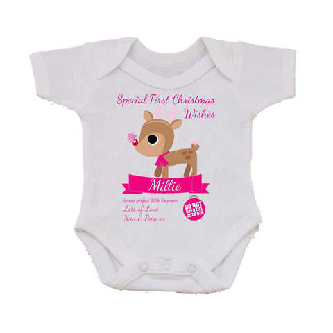 SS10 - Special First Christmas Wishes Cute Reindeer Personalised Baby Vest for Boys and Girls