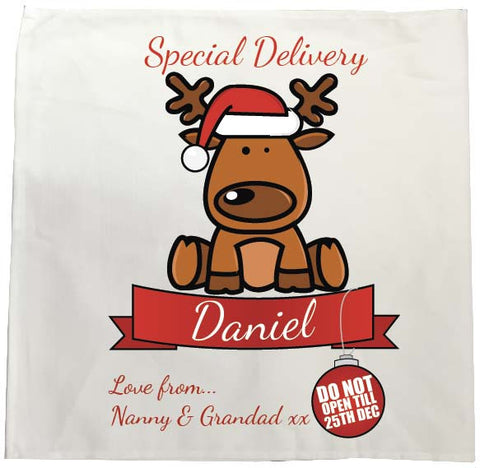 SS11 - Special Delivery Santa's Reindeer Personalised Christmas Tea Towel