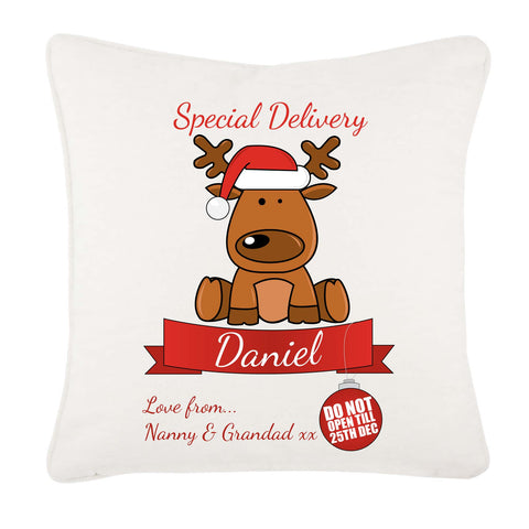 Special Delivery Santa's Reindeer Personalised Christmas Canvas Cushion Cover