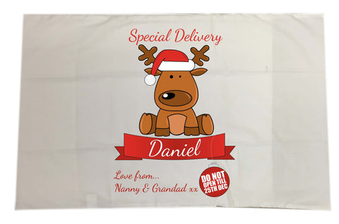 SS11 - Special Delivery Santa's Reindeer Personalised Christmas White Pillow Case Cover