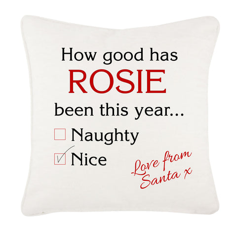 How Good Has (Name) Been? Naughty or Nice Christmas Personalised Canvas Cushion Cover
