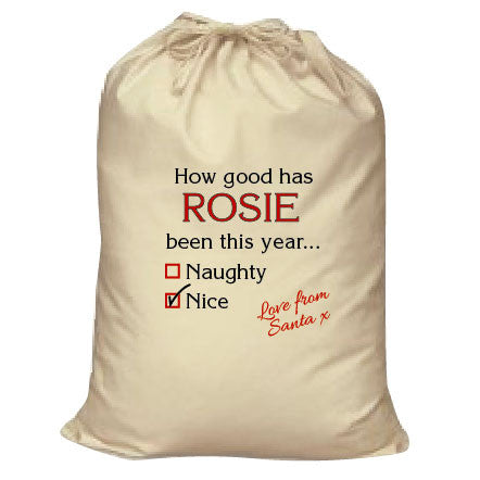 SS12 - How Good Has (Name) Been? Naughty or Nice Christmas Personalised Canvas Santa Sack