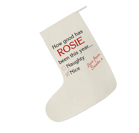 SS12 - How Good Has (Name) Been? Naughty or Nice Christmas Personalised Canvas Santa Stocking