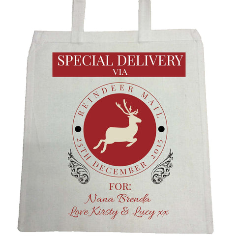 SS14 - Special Delivery Via Reindeer Mail Solid Colour Personalised Christmas Canvas Bag for Life