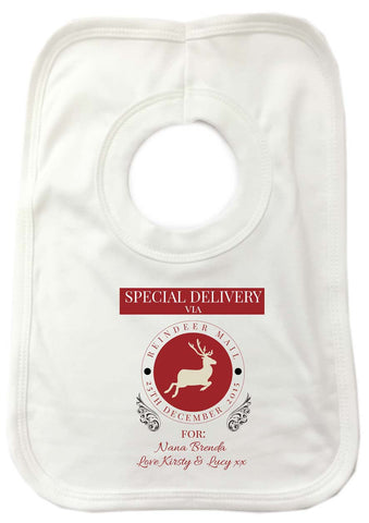 SS14 - Special Delivery Via Reindeer Mail Solid Colour Personalised Christmas Baby Bib