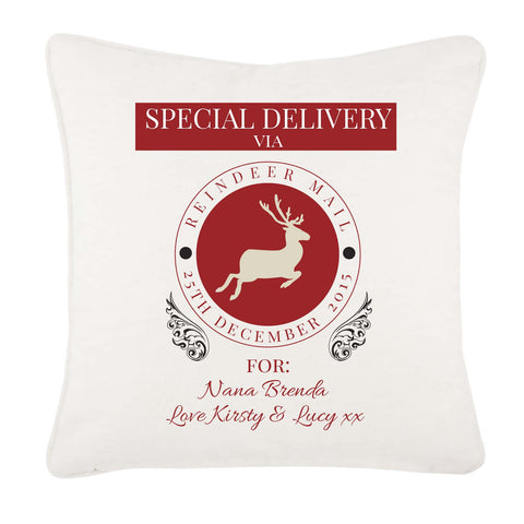 Special Delivery Via Reindeer Mail Solid Colour Personalised Christmas Canvas Cushion Cover