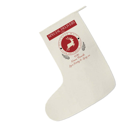 SS14- Special Delivery Via Reindeer Mail Solid Colour Personalised Christmas Canvas Santa Stocking