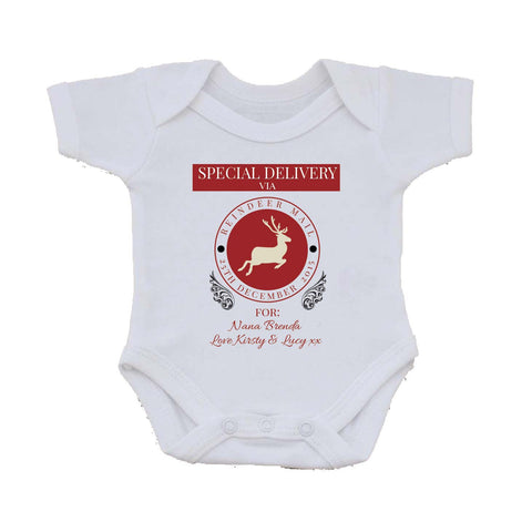 SS14 - Special Delivery Via Reindeer Mail Solid Colour Personalised Christmas Baby Vest