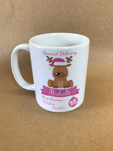 SS15 - Special Delivery Santa's Reindeer Personalised Christmas Pink Mug & White Gift Box