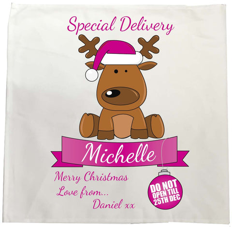 SS15 - Special Delivery Santa's Reindeer Personalised Christmas Pink Tea Towel