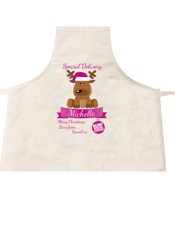 SS15 - Special Delivery Santa's Reindeer Personalised Christmas Pink Apron