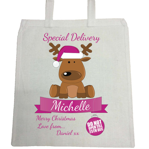SS15 - Special Delivery Santa's Reindeer Personalised Christmas Pink Canvas Bag for Life