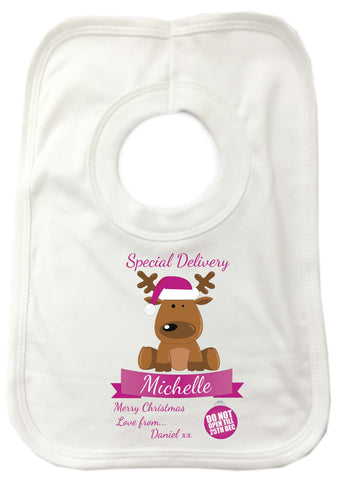 SS15 - Special Delivery Santa's Reindeer Personalised Christmas Pink Baby Bib