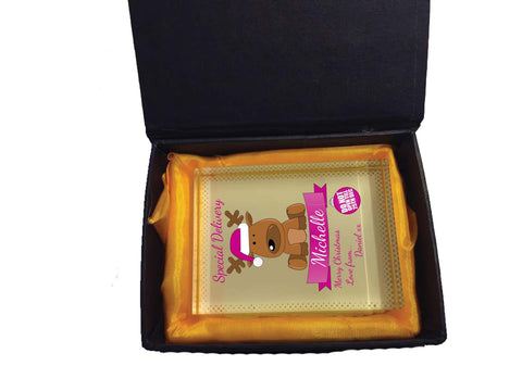 SS15 - Special Delivery Santa's Reindeer Personalised Christmas Pink Crystal Block & Gift Box