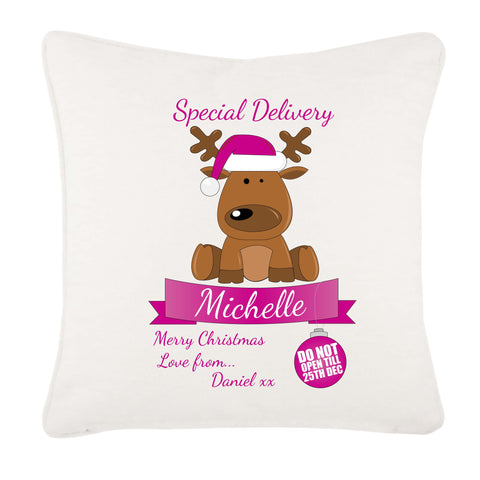 Special Delivery Santa's Reindeer Personalised Christmas Pink Canvas Cushion Cover