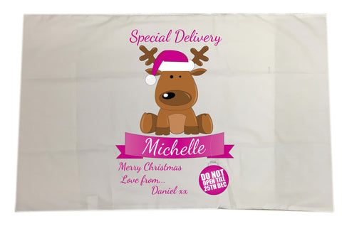 SS15 - Special Delivery Santa's Reindeer Personalised Christmas Pink White Pillow Case Cover