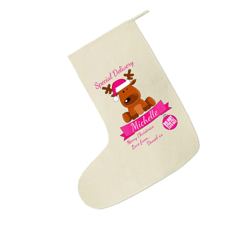 SS15- Special Delivery Santa's Reindeer Personalised Christmas Pink Canvas Santa Stocking