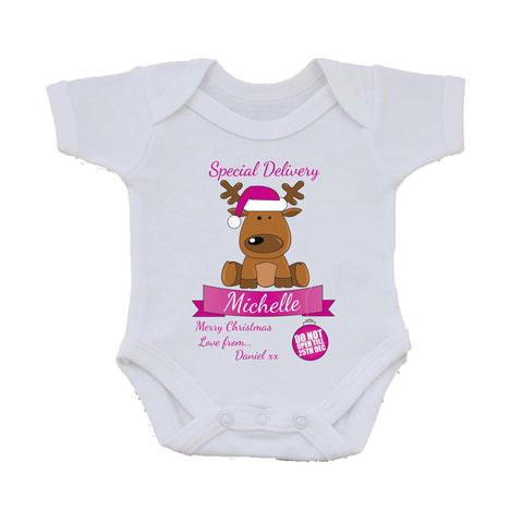 SS15 - Special Delivery Santa's Reindeer Personalised Christmas Pink Baby Vest