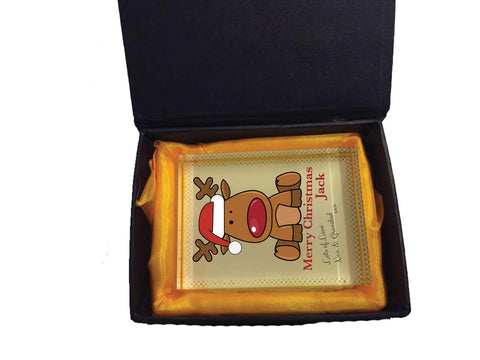 SS19 - Personalised Santa's Reindeer Rudolf Christmas Crystal Block with Presentation Gift Box
