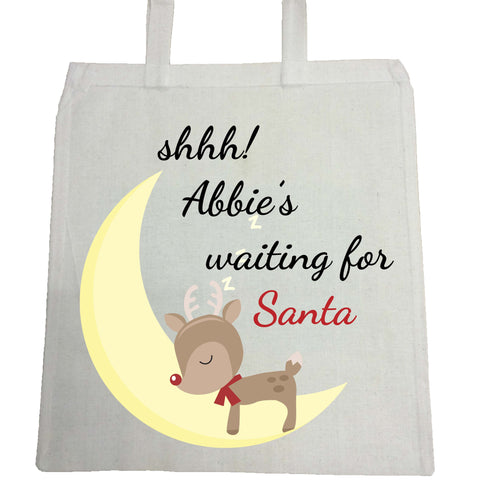 SS20 - Shhh! (Name) is waiting for Santa Personalised Christmas Canvas Bag for Life