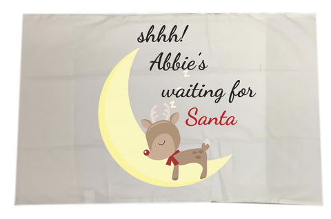 SS20 - Shhh! (Name) is waiting for Santa Personalised Christmas White Pillow Case Cover