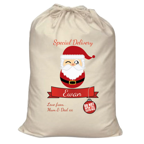 CC08 Personalised Christmas Cute Santa with Name inserted on a Canvas Santa Sack