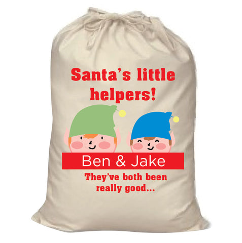 Personalised Christmas Santa's Little Helpers with Children's Names in Red Santa Sack