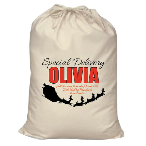 Special Delivery Name and Flying Reindeers Personalised Christmas Canvas Santa Sack