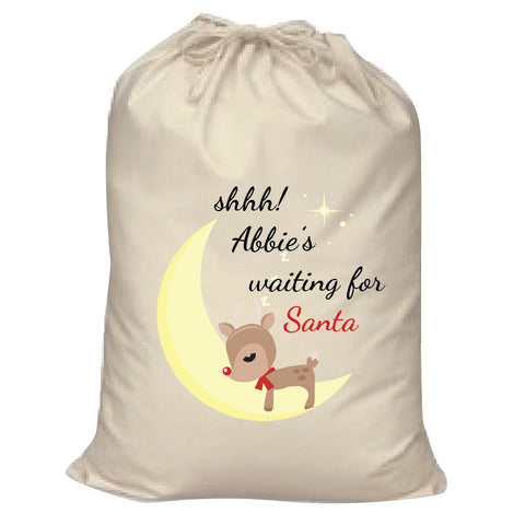 Shhh! (Name) is waiting for Santa Canvas Personalised Christmas Santa Sack