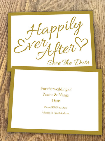 Personalised Happily Ever After Gold Wedding Save The Date  available from Willow Printing & Design.