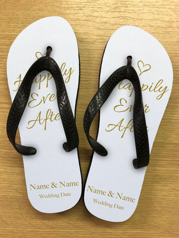 WD01 - Personalised Wedding Happily Ever After Gold Flip Flops