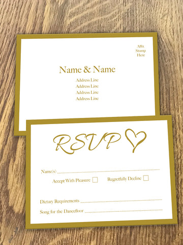 Personalised Happily Ever After Gold Wedding RSVP  available from Willow Printing & Design.