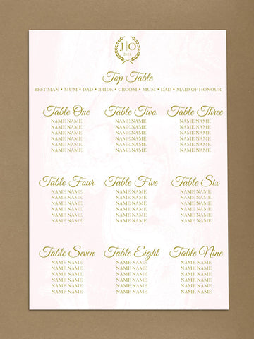 WD02 - Personalised Wedding Gold Initialed Leaf Crest Table Plan