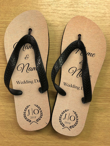 WD03 - Personalised Wedding Natural Rustic Leaf Crest Flip Flops