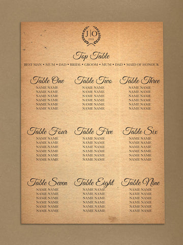 WD03 - Personalised Wedding Natural Rustic Leaf Crest Table Plan