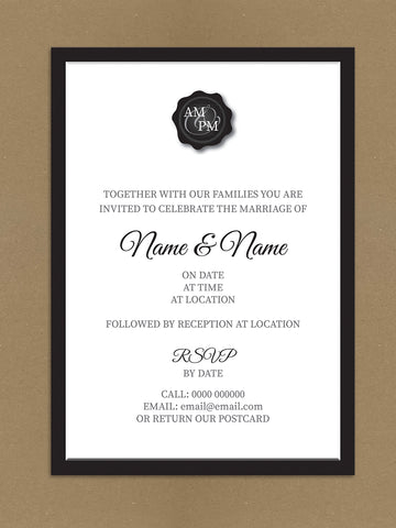 Personalised Wedding Black Initialed Stamp Seal Themed Wedding Invitation available from Willow Printing & Design.