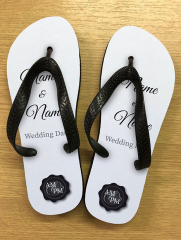 WD04 - Personalised Wedding Black Initialed Stamp Seal Flip Flops