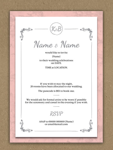 Personalised Wedding Pink Marble And White Circled Initialed Themed Invitations from Willow Printing & Design