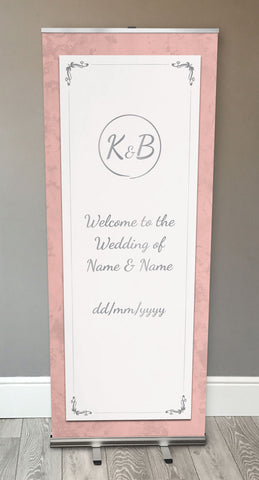 WD05 - Personalised Wedding Pink Marble And White Circled Initialed Retractable Banner