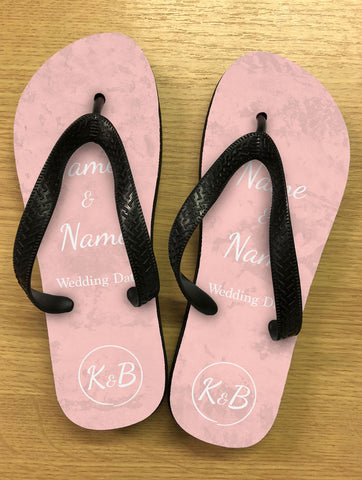 WD05 - Personalised Wedding Pink Marble and White Circled Initialed Flip Flops
