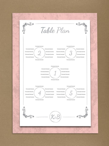 WD05 - Personalised Wedding Pink Marble And White Circled Initialed Table Plan