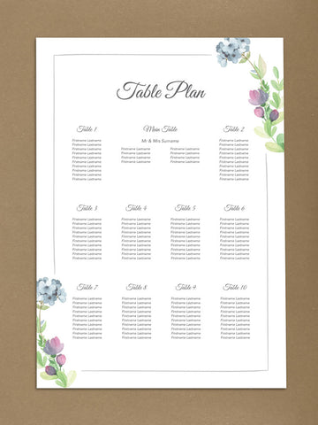WD06 - Personalised Wedding Floral Designed Table Plan