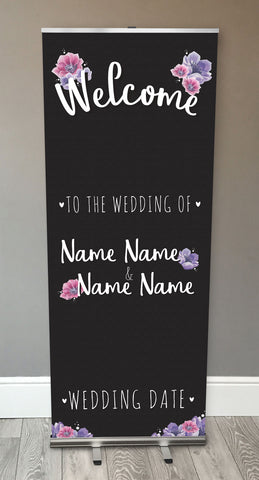 WD07 - Personalised Wedding Black and Pinks Floral Retractable Banner