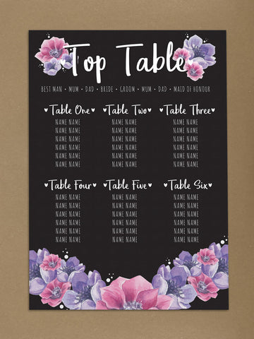 WD07 - Personalised Wedding Black And Pinks Floral Table Plan