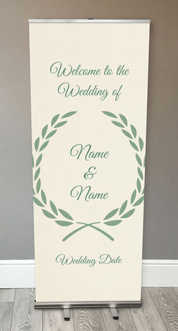 WD08 - Personalised Wedding Cream And Forest Green Leaf Crest Retractable Banner